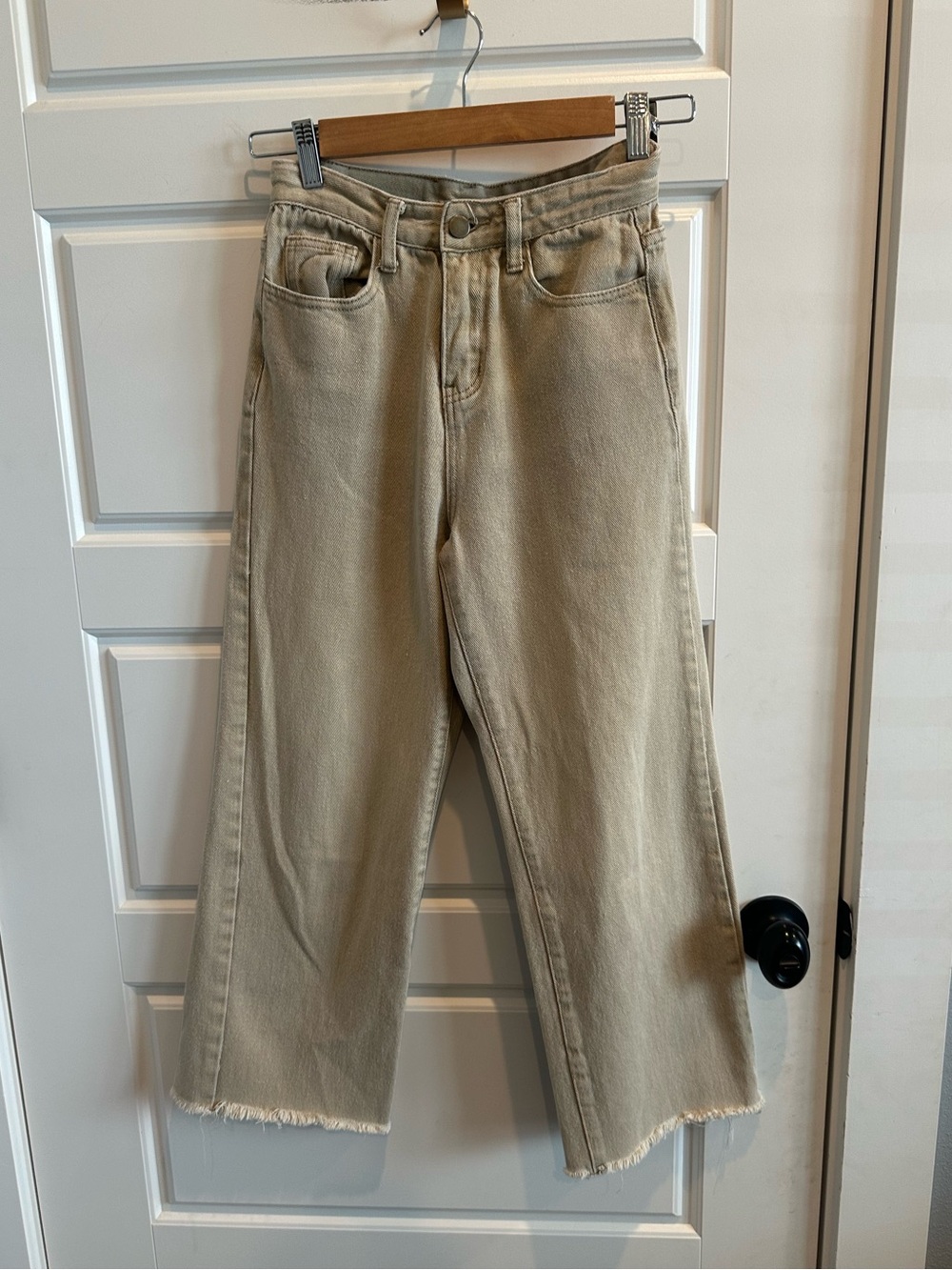 Princess Polly 0 Cropped Wide Leg Jeans Beige Raw Hem High Rise Denim